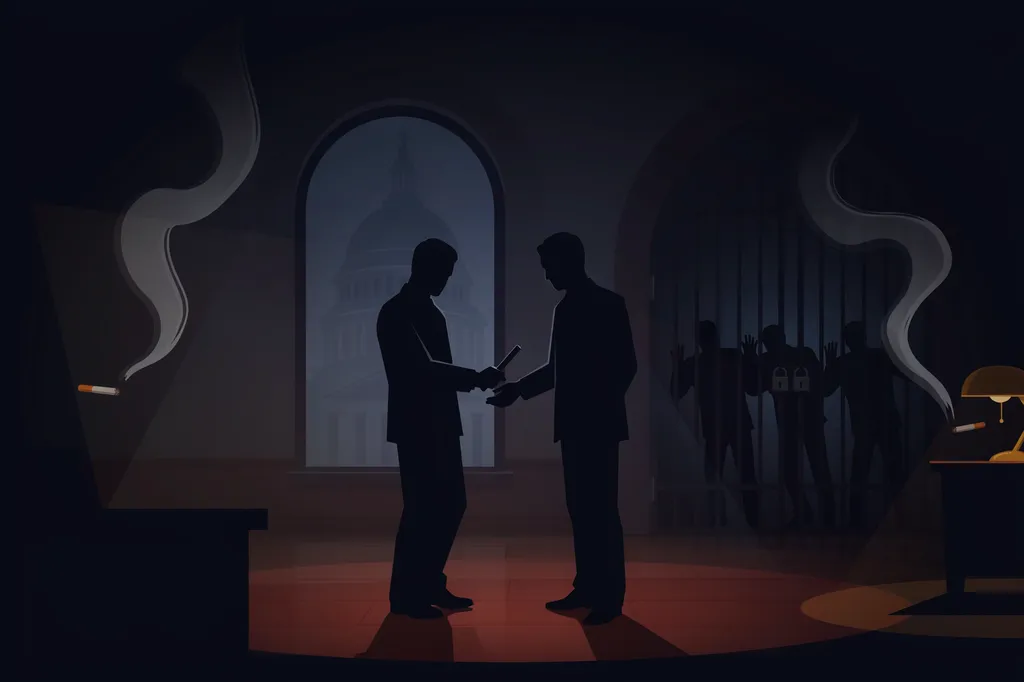 Illustration: a baton quietly passed between two figures in a back room while other candidates are locked out